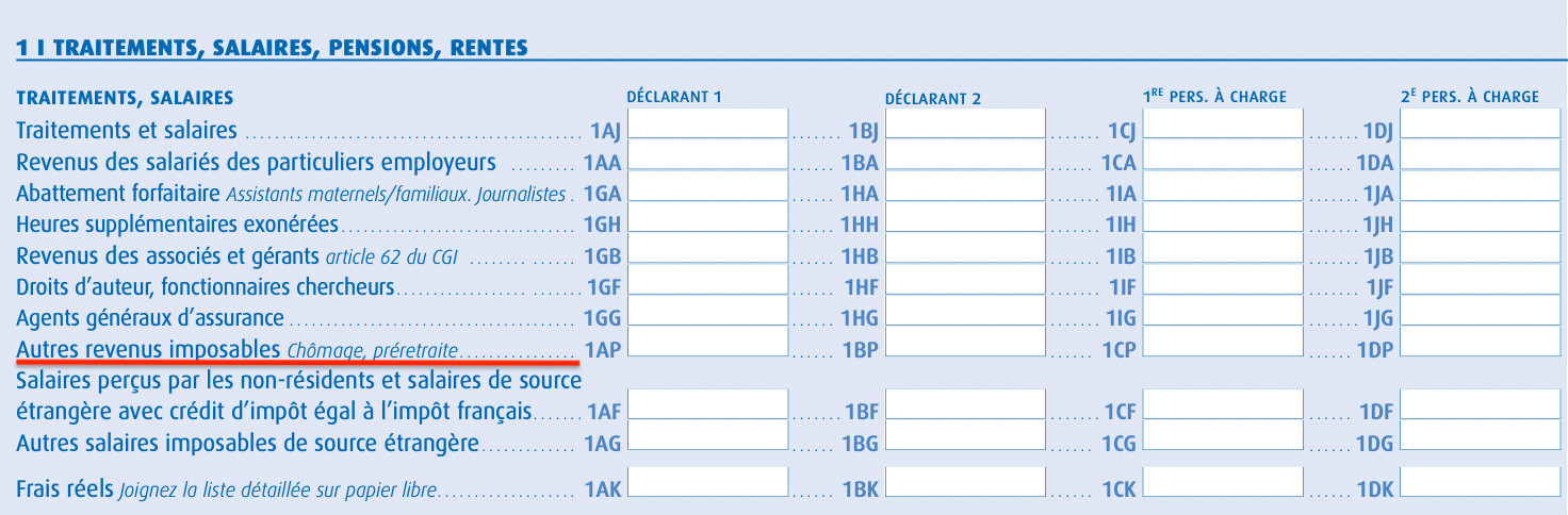 Formulaire 2042 Image de la section "Traitements et salaires" du formulaire 2042